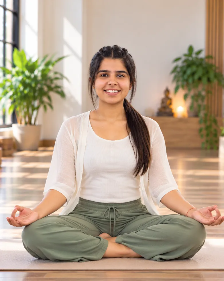 Prachi Malik smiling in seated meditation