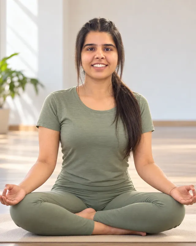 Yoga teacher smiling in seated meditation